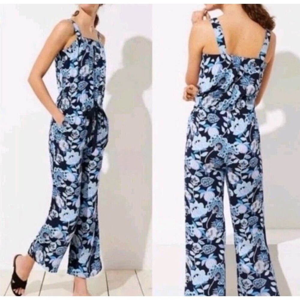 Ann Taylor Loft Jumpsuit Blue Floral Print Square Neck Size 4